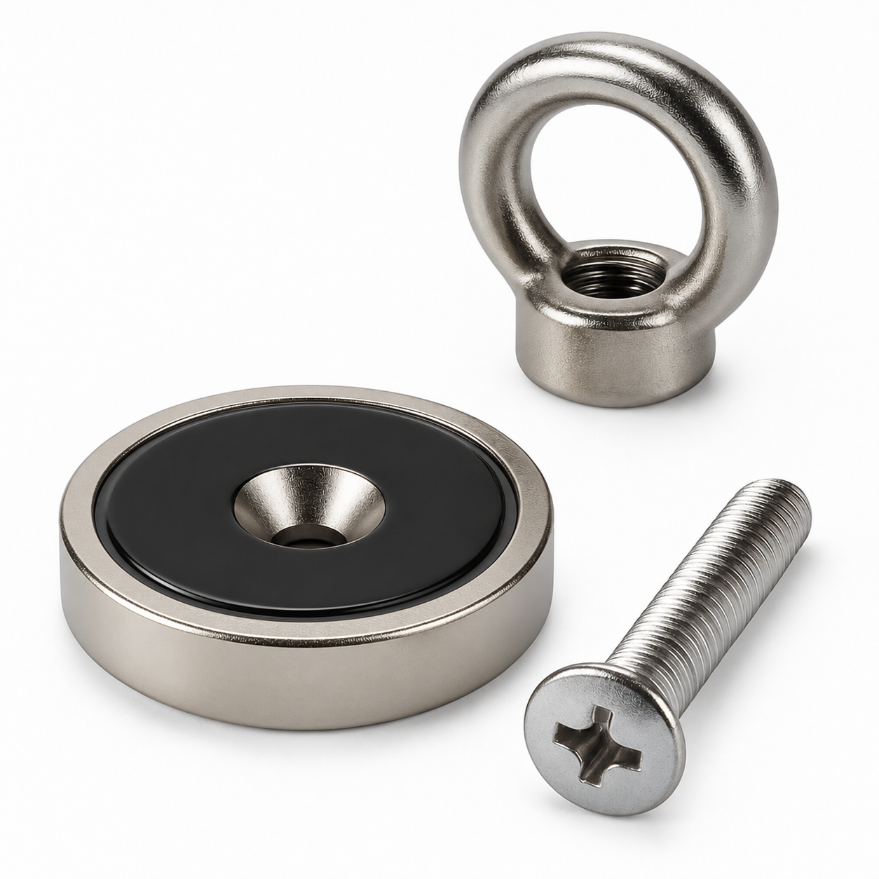 A silver metal magnetic mounting kit featuring a circular magnetic base with a black center ring, a threaded screw with a flat cross-drive head, and a round eye bolt with a threaded shank, all shown on a clean white background.