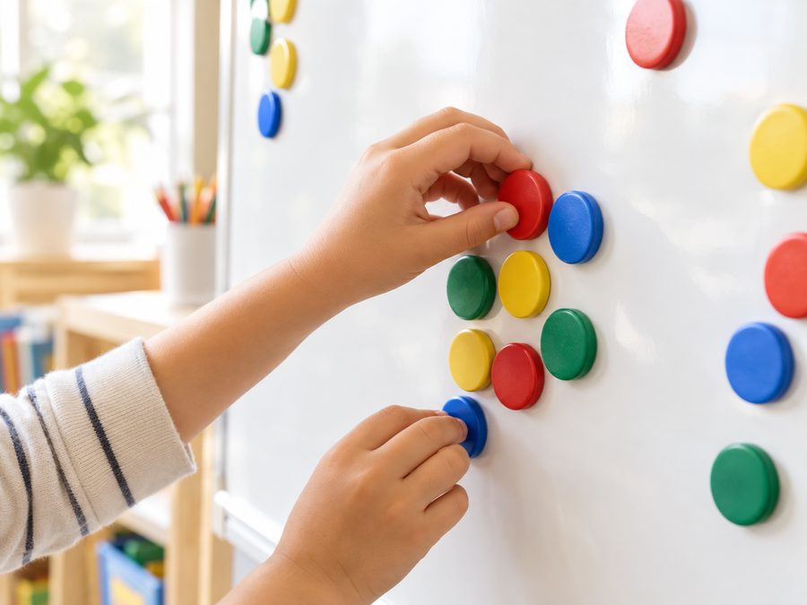 A child's hands arranging colourful Pitamaru magnets on a whiteboard in a classroom