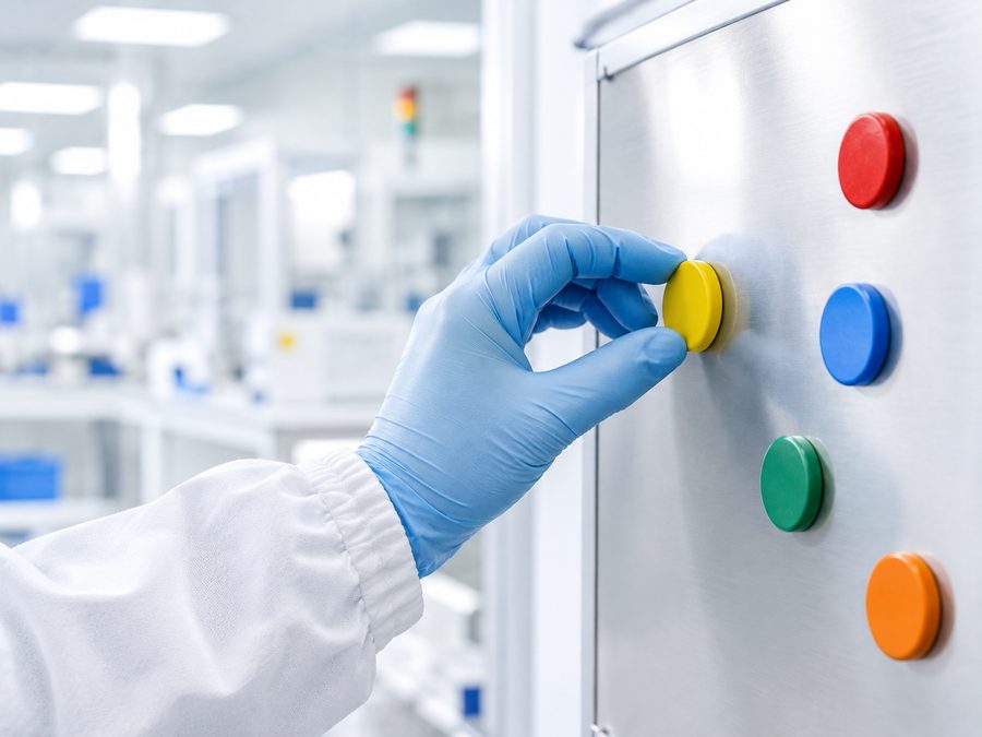 A gloved hand placing a Pitamaru magnet on a stainless steel board in a pharmaceutical cleanroom