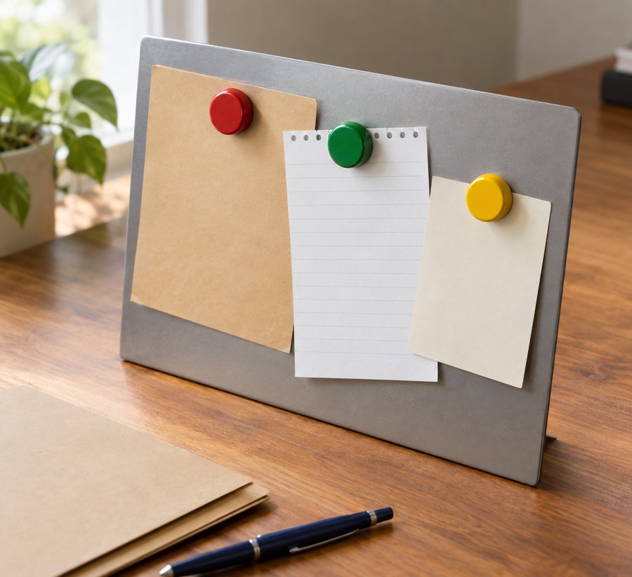 Pitamaru magnets pinning documents to a magnetic organizer on a desk