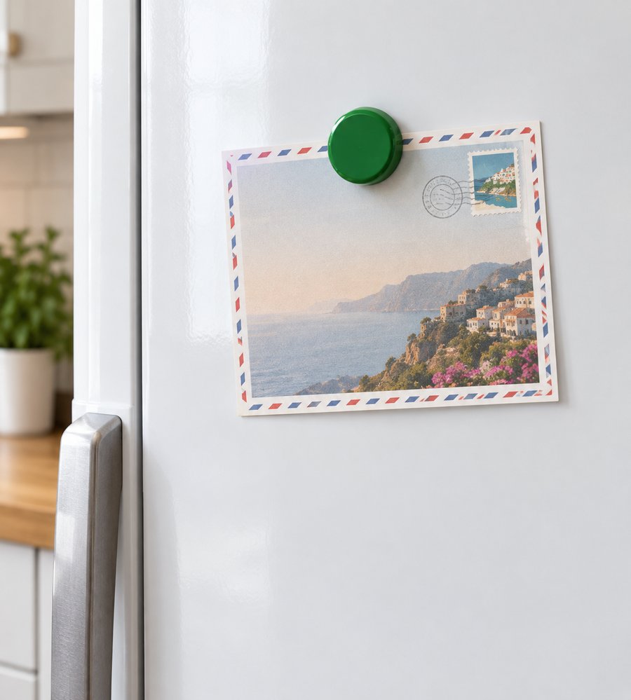 Pitamaru magnet holding a postcard on a fridge door