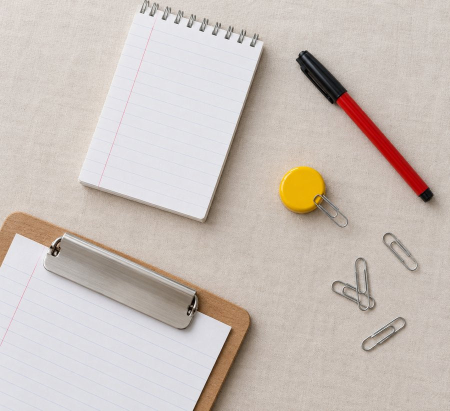 Pitamaru magnet on a stationery flat-lay, next to a clipboard and paperclips